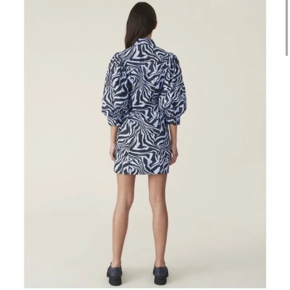 Ganni Blue Black Zebra Animal Print Puff Sleeve Mini Dress Size Small - Picture 3 of 11
